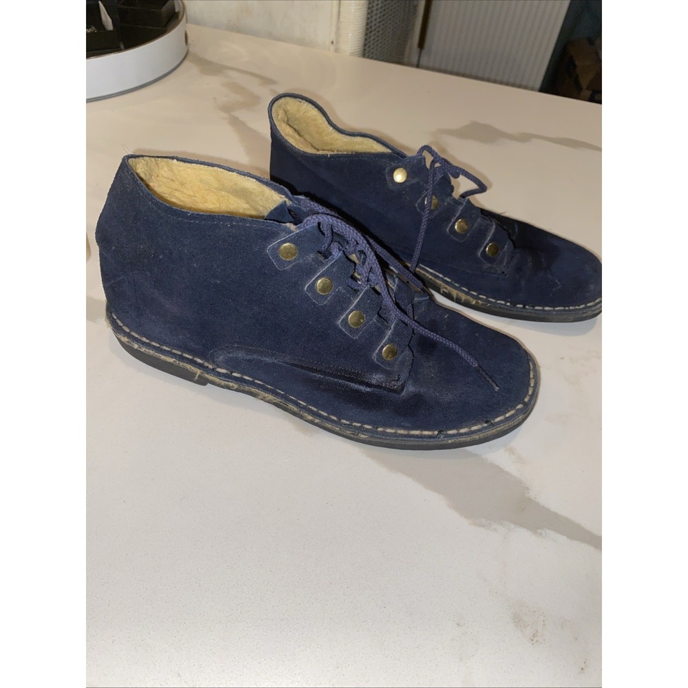Vintage Blue Suede Shoes Lace-Up Ankle Boots Faux Shearling Lined Women's